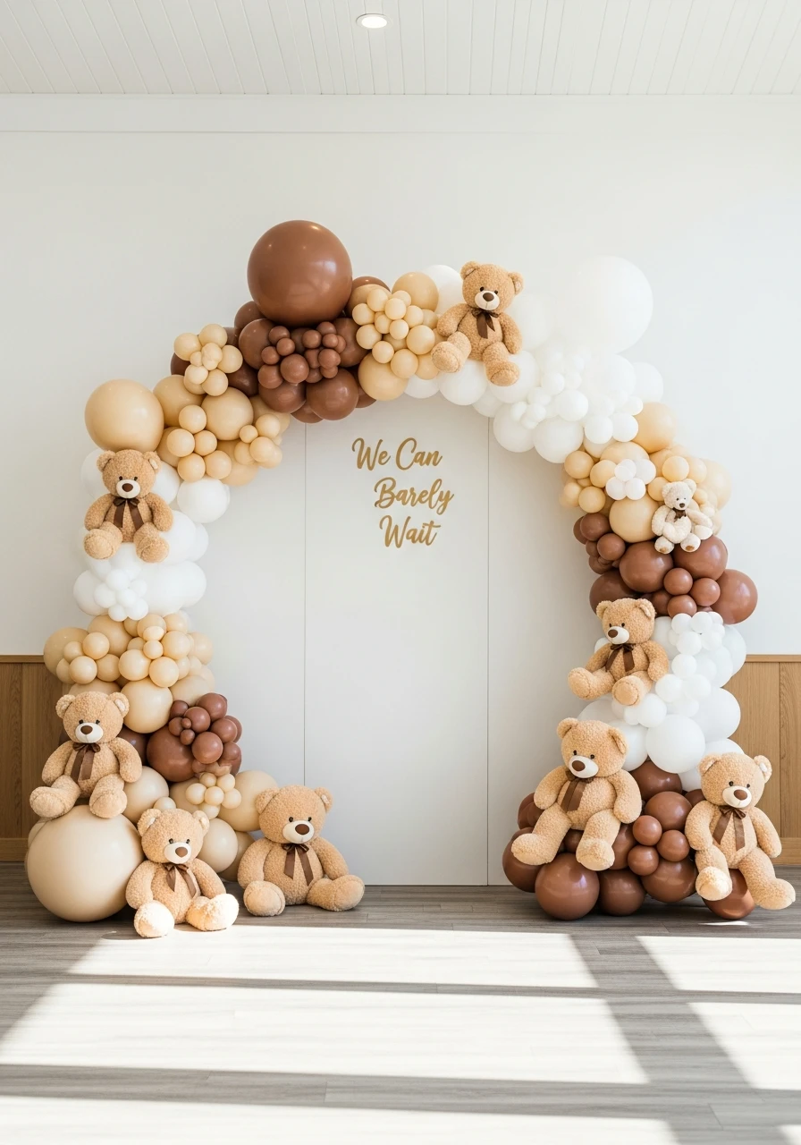 Bear Balloon Arch Backdrop - We Can Barely Wait Baby Shower Theme Ideas