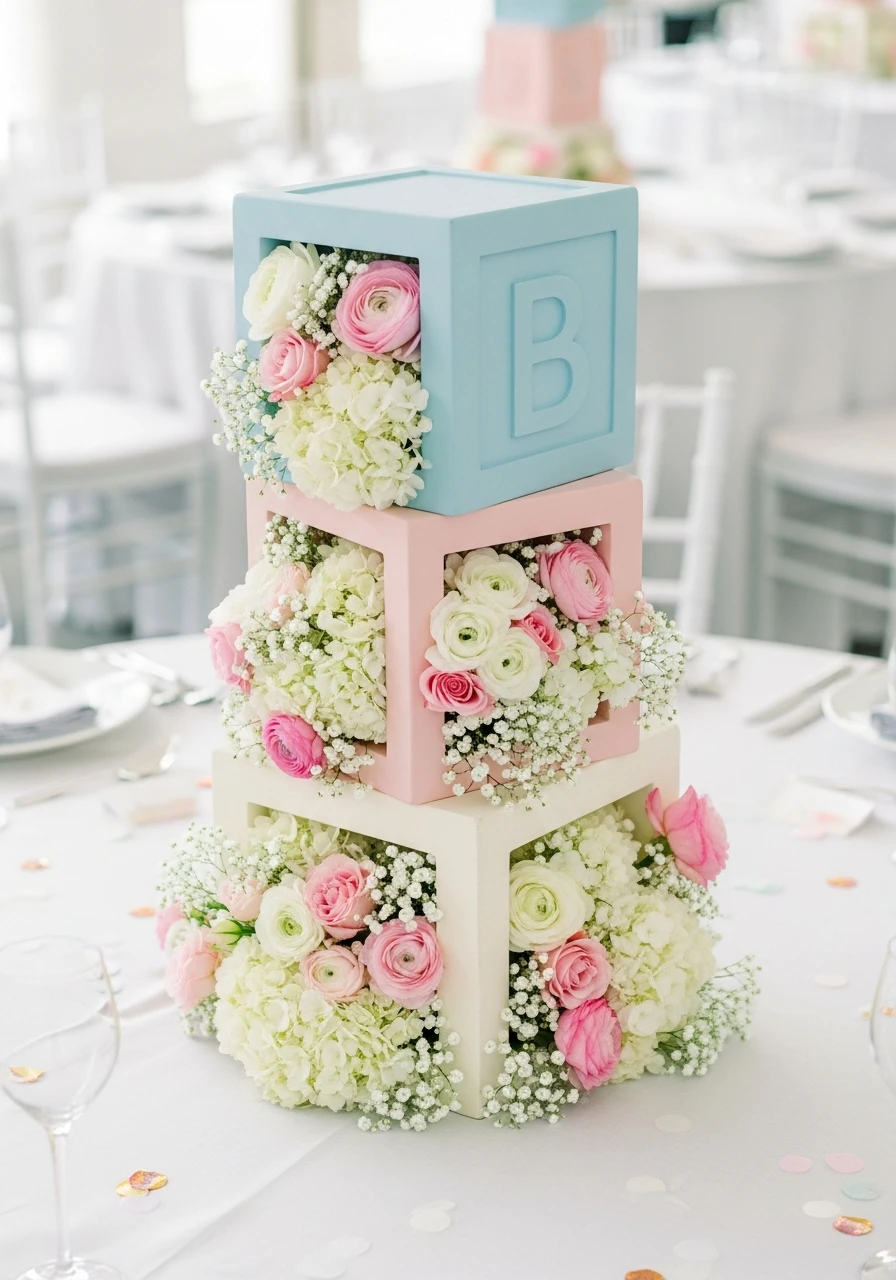 Blocks and Flowers - 50 Best Baby Shower Centerpiece Ideas