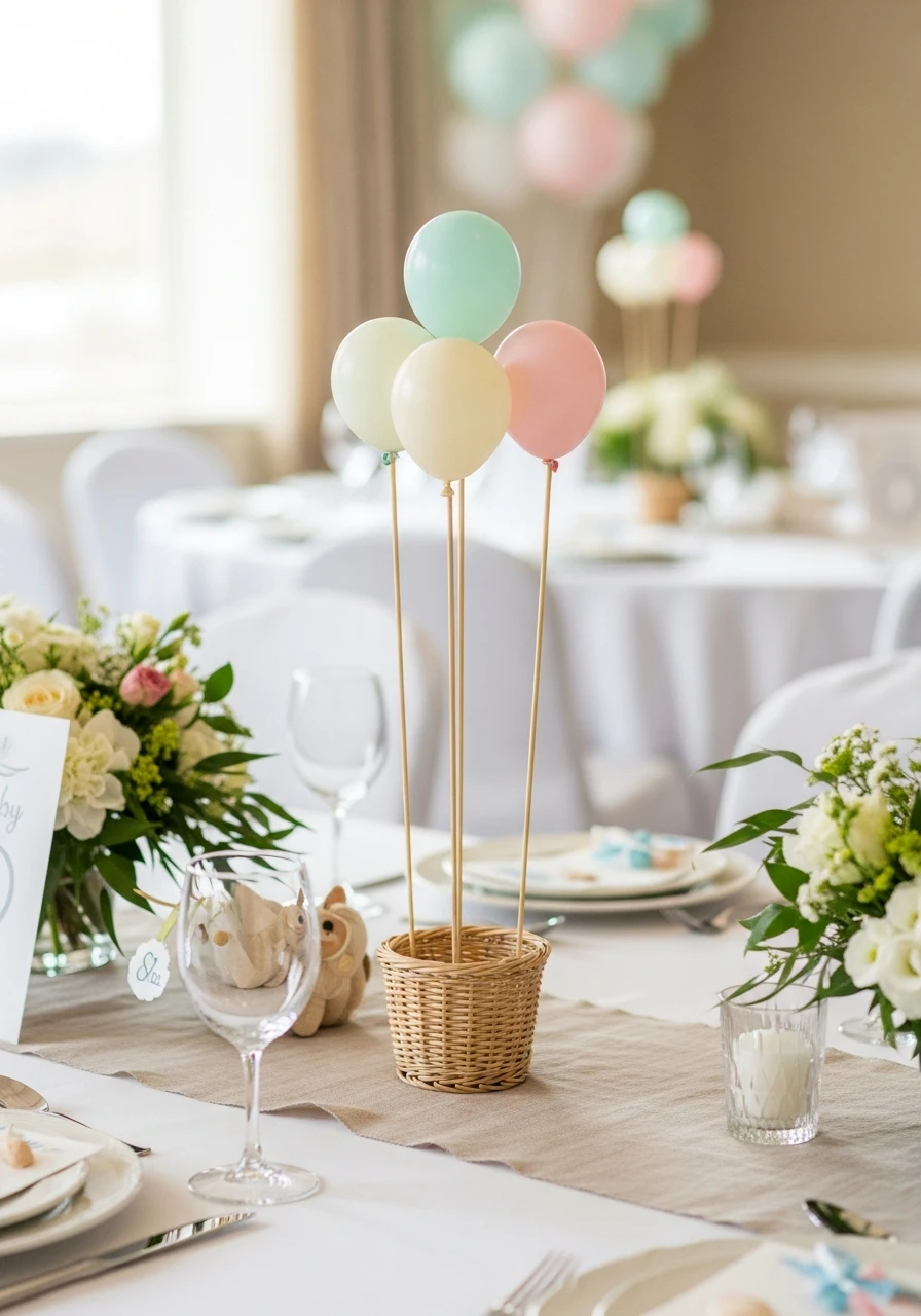 Whimsical Balloon Basket - 50 Best Baby Shower Centerpiece Ideas