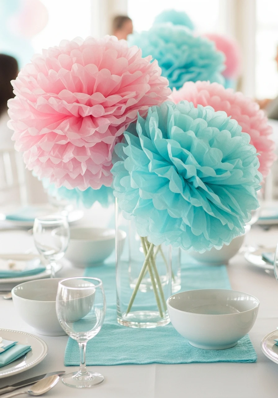Fluffy Tissue Poms - 50 Best Baby Shower Centerpiece Ideas