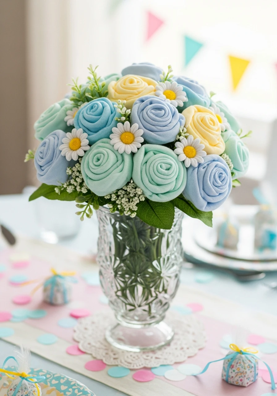 Clever Sock Flowers - 50 Best Baby Shower Centerpiece Ideas