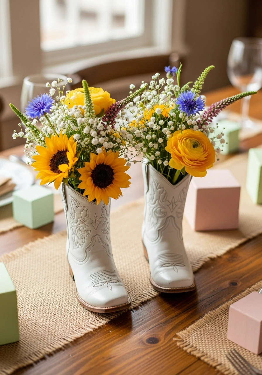 Western Boot Blooms - 50 Best Baby Shower Centerpiece Ideas