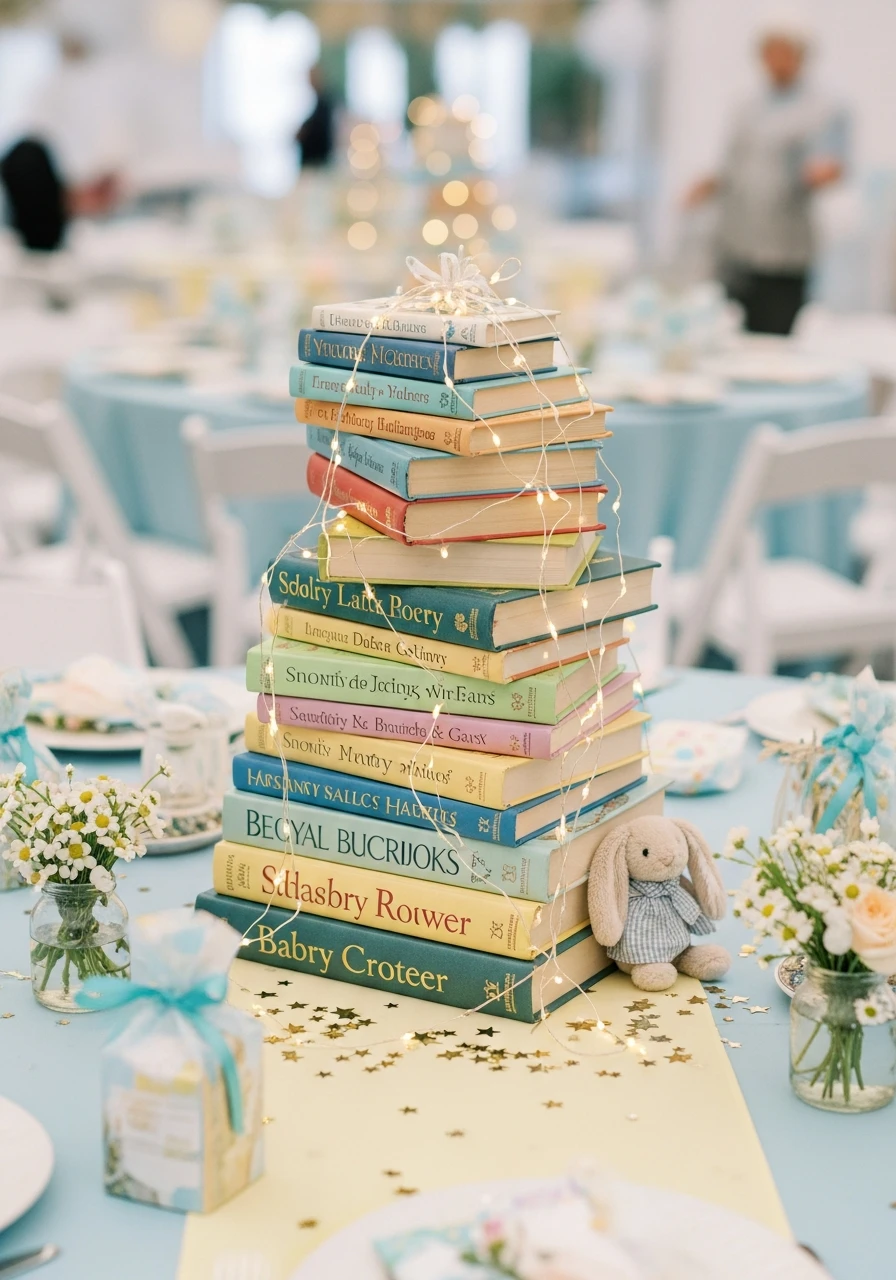 Book Stack Center - 50 Best Baby Shower Centerpiece Ideas