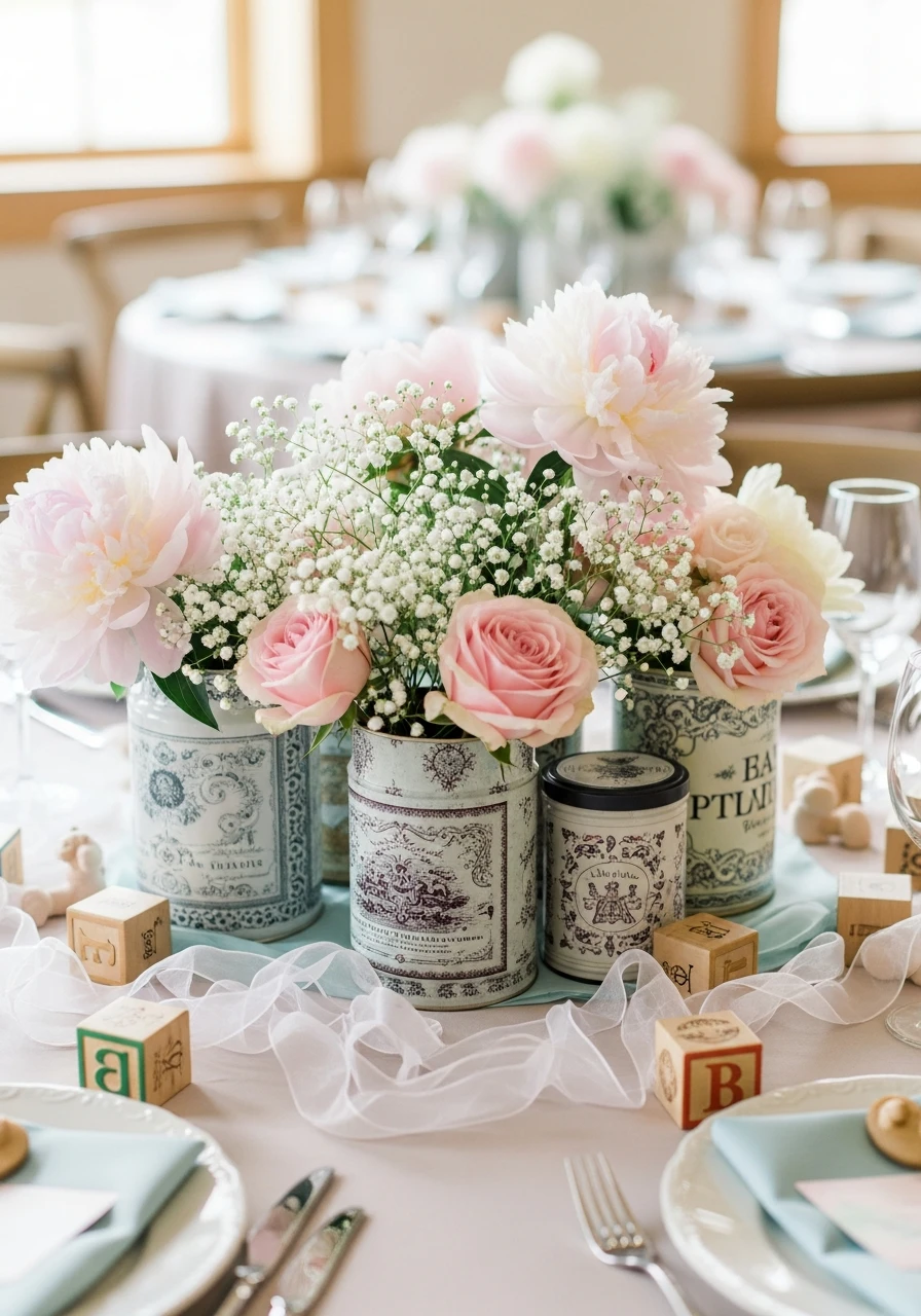 Charming Tea Tin Vases - 50 Best Baby Shower Centerpiece Ideas