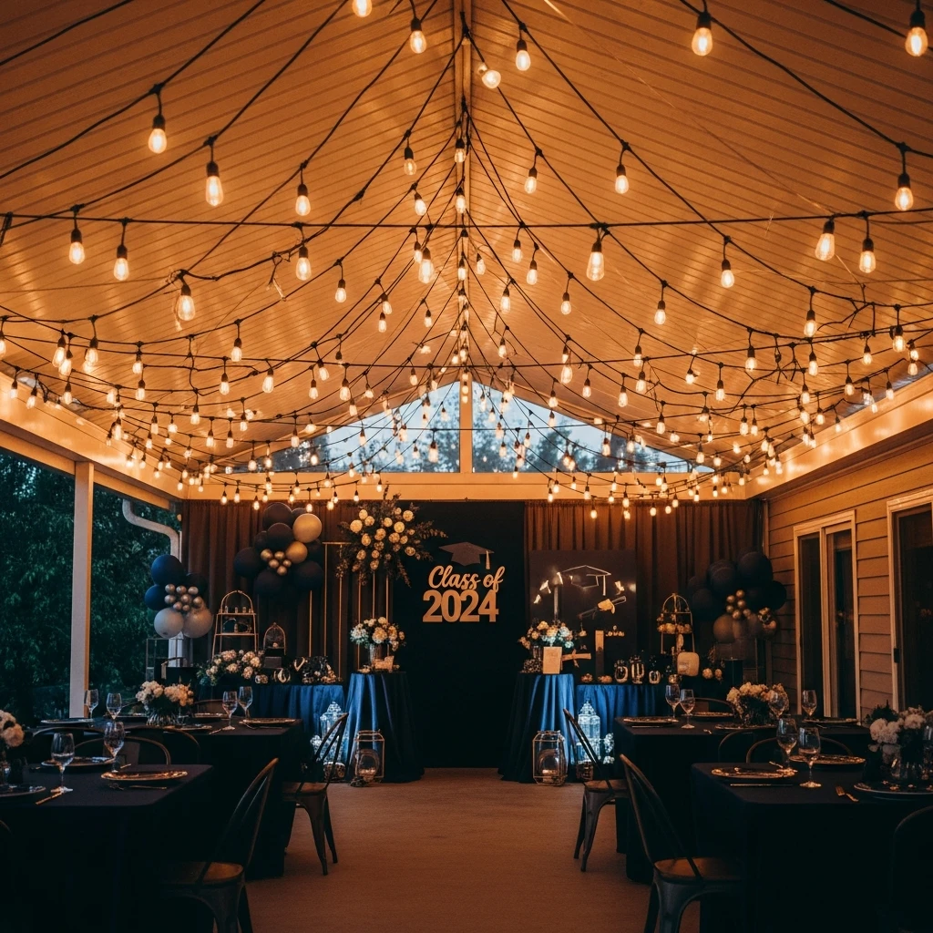 Cozy String Light Mood - 50 Boys Graduation Party Ideas That Are Fun and Easy