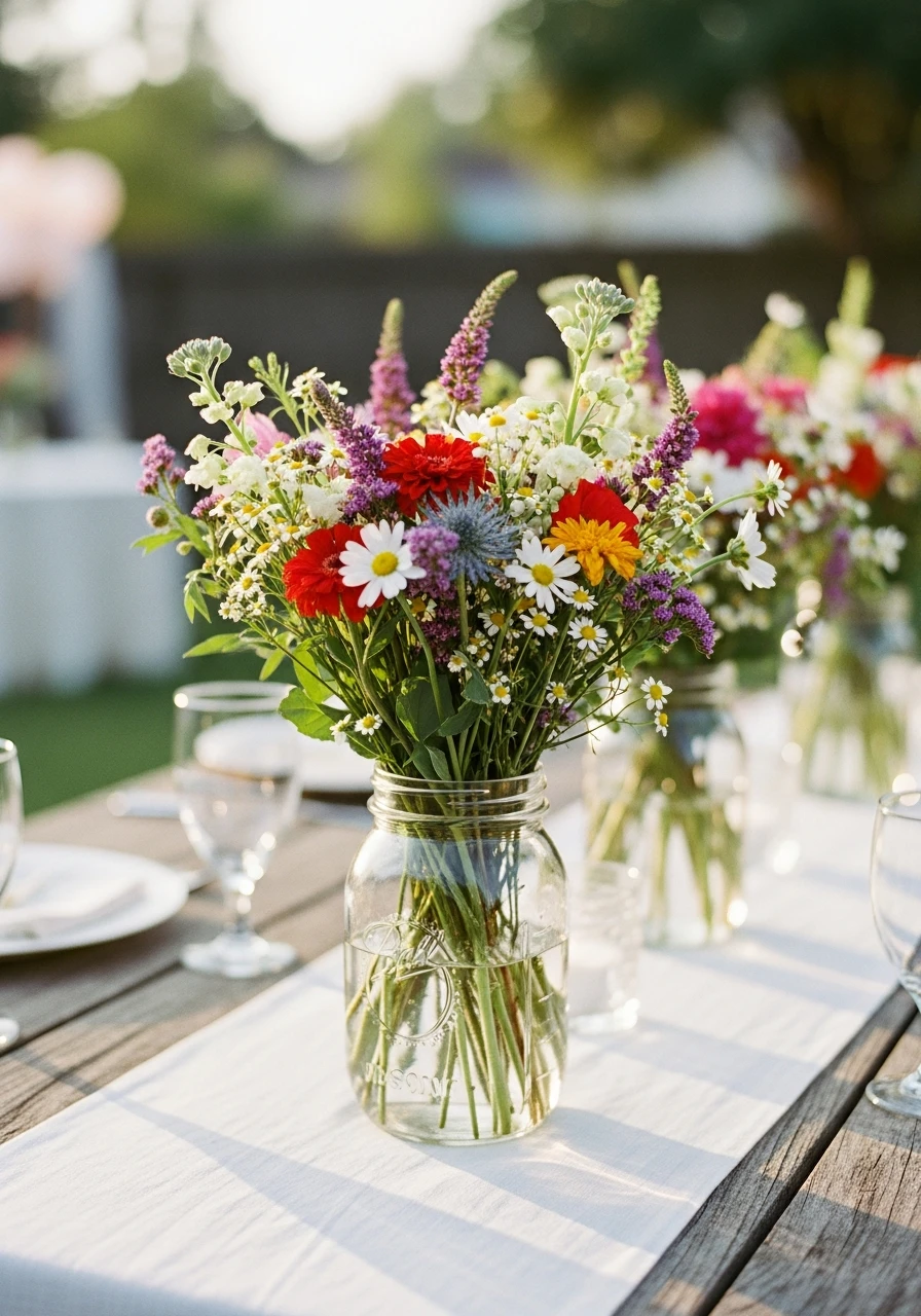 Rustic Wildflowers In Jars - 50 Best Bridal Shower Centerpiece Ideas for Every Celebration