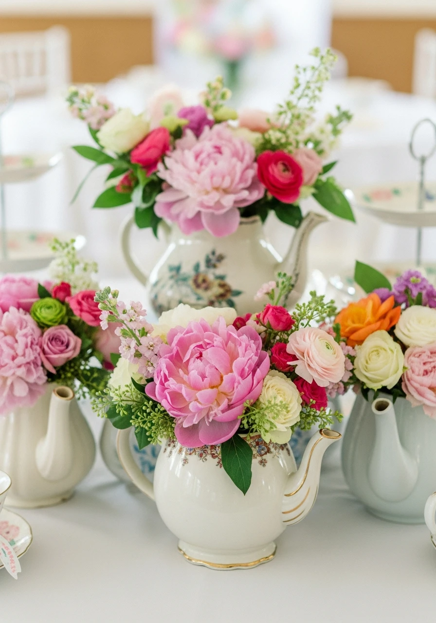 Whimsical Teapot Flower Display - 50 Best Bridal Shower Centerpiece Ideas for Every Celebration