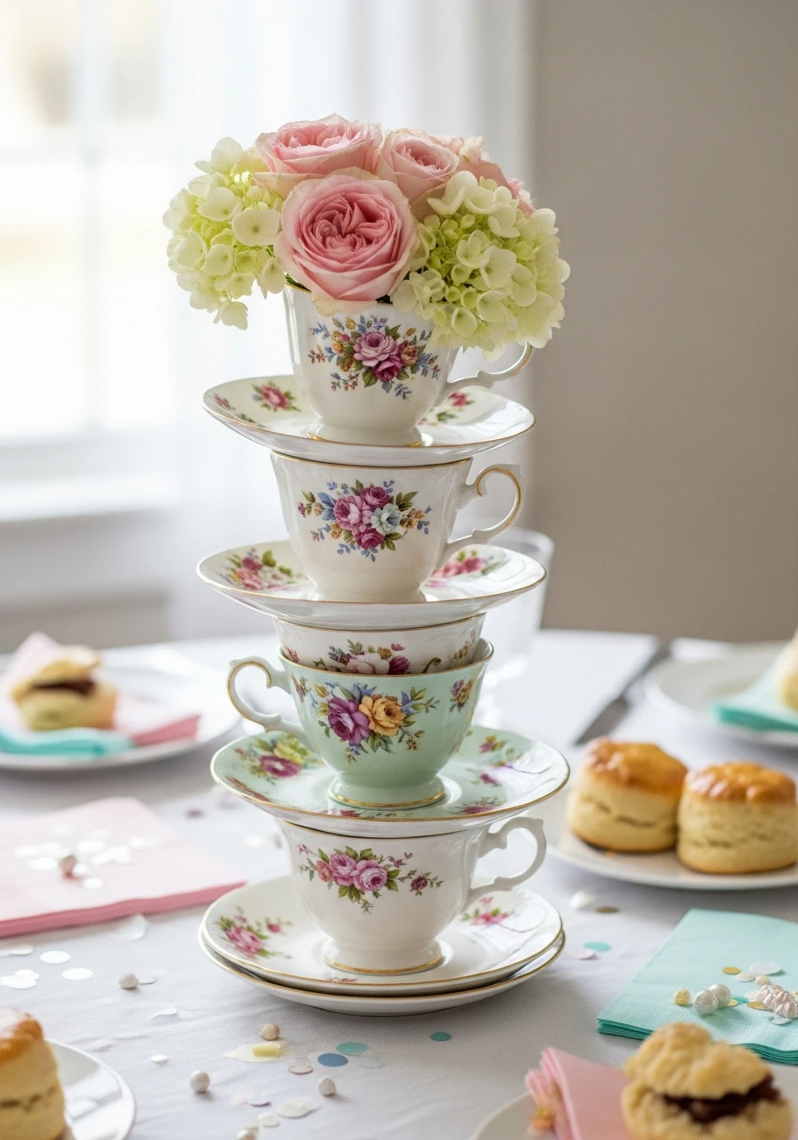Playful Stacked Teacup Towers - 50 Best Bridal Shower Centerpiece Ideas for Every Celebration