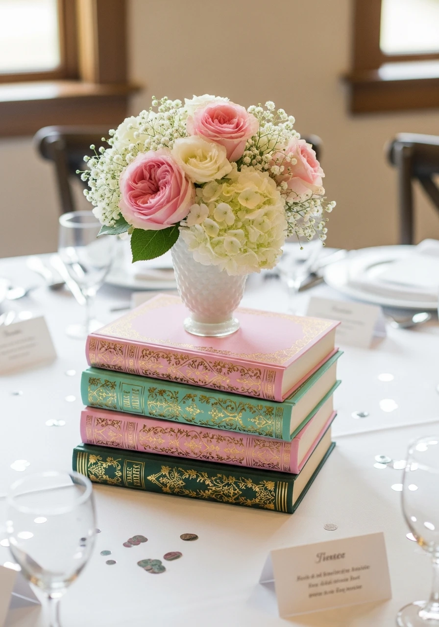 Charming Stacked Book Flowers - 50 Best Bridal Shower Centerpiece Ideas for Every Celebration