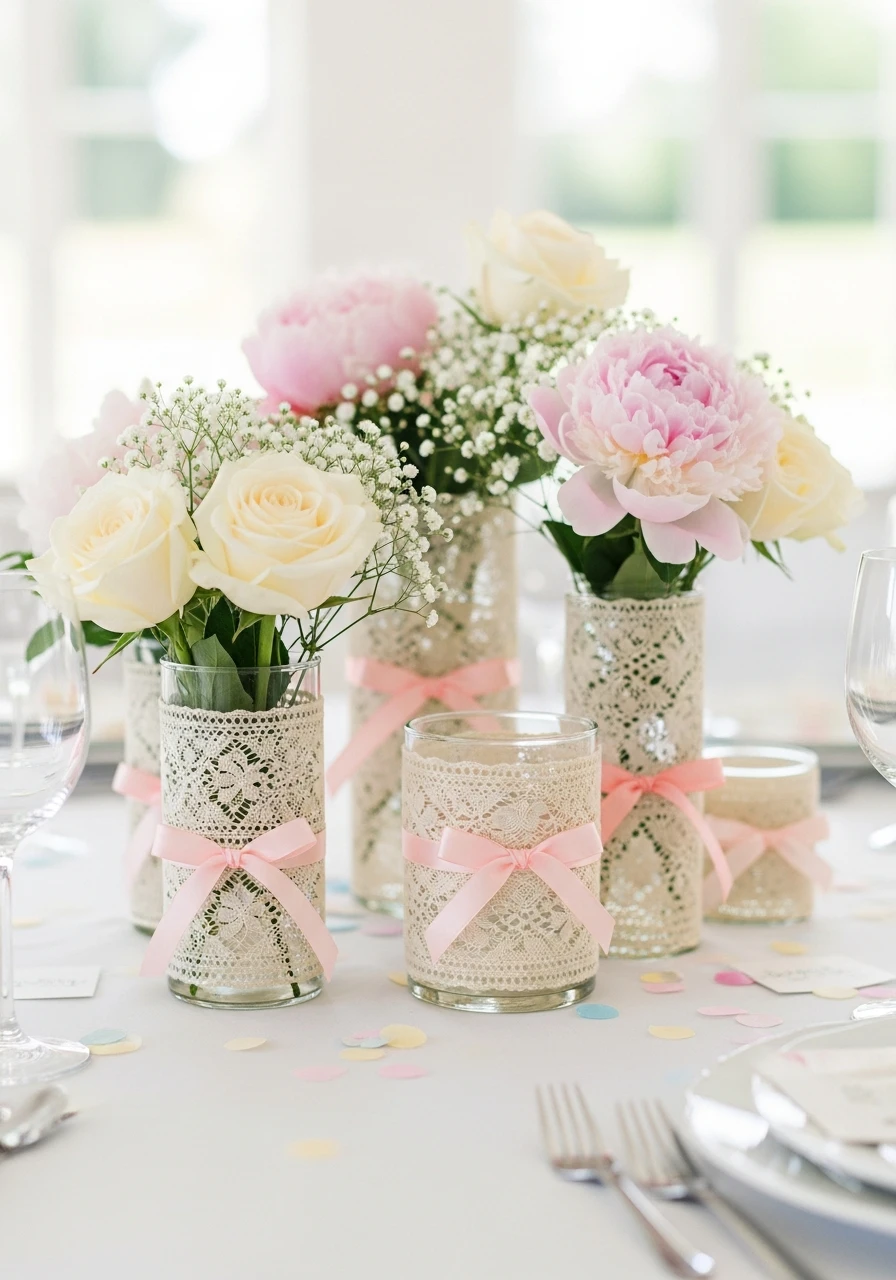 Romantic Lace-Wrapped Vases - 50 Best Bridal Shower Centerpiece Ideas for Every Celebration