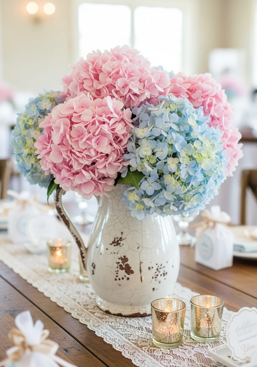 Hydrangeas in Vintage Pitchers - 50 Best Bridal Shower Centerpiece Ideas for Every Celebration