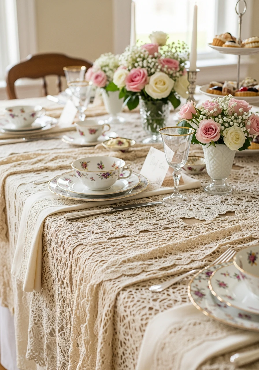 Lace and Crochet Table Decor - 50 Gorgeous Vintage Bridal Shower Ideas for a Timeless Celebration