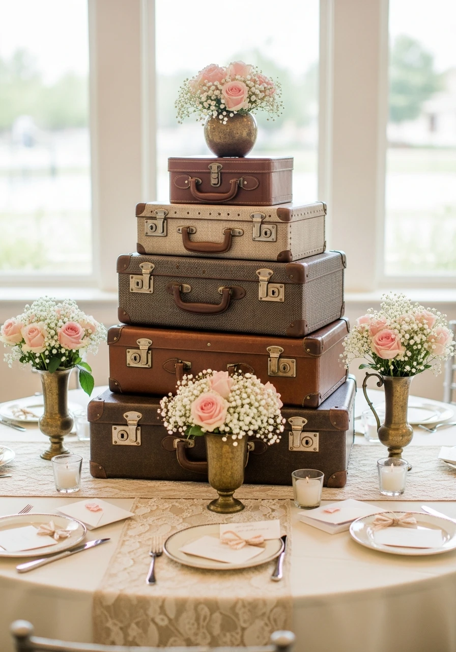 Vintage Suitcase Gift Table - 50 Gorgeous Vintage Bridal Shower Ideas for a Timeless Celebration
