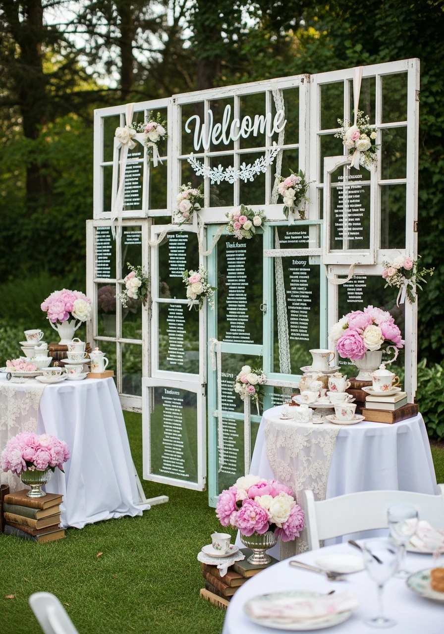 Repurposed Window Backdrop - 50 Gorgeous Vintage Bridal Shower Ideas for a Timeless Celebration