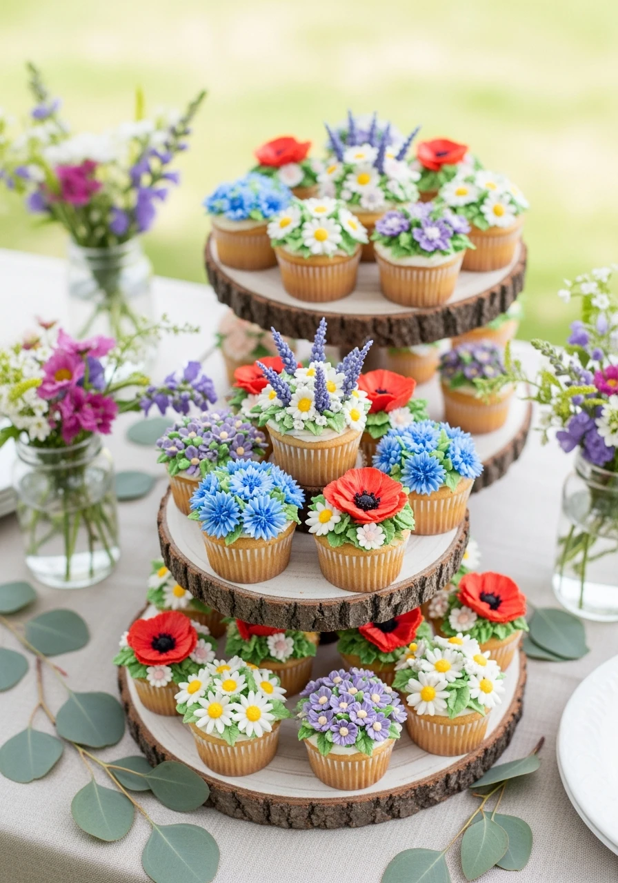 Piped Flower Cupcakes - 50 Best Wildflower Baby Shower Theme Ideas for a 'Baby in Bloom' Party
