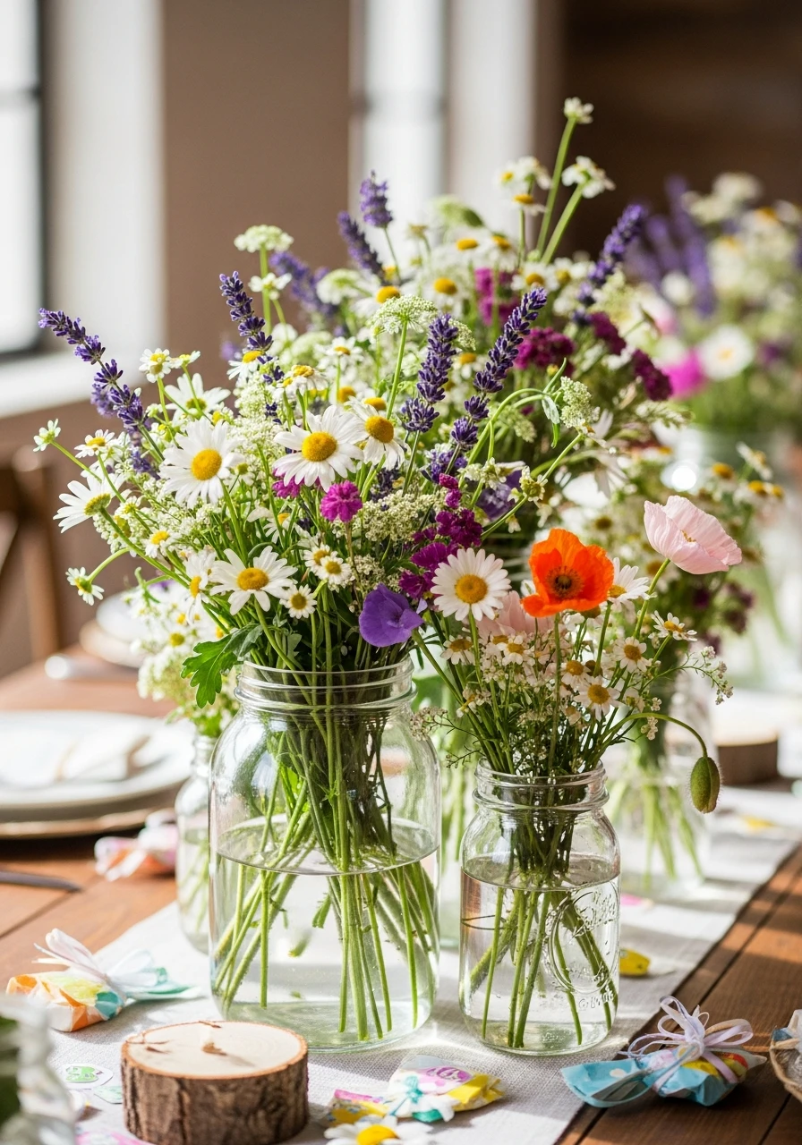 Mason Jar Flowers - 50 Best Wildflower Baby Shower Theme Ideas for a 'Baby in Bloom' Party