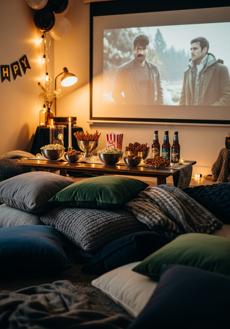 Relaxed Movie Night Corner - 50 Best Birthday Set Up Ideas for Him