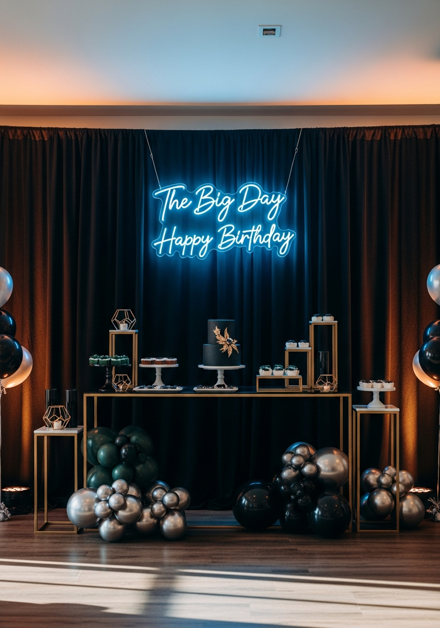 Personalized Neon Sign Backdrop - 50 Best Birthday Set Up Ideas for Him