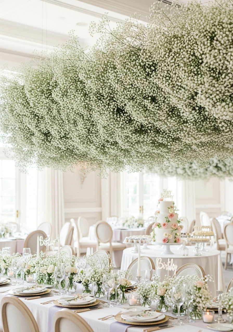 The Floaty, Budget-Friendly Cloud of Baby’s Breath - The Ultimate Floral Birthday Party Planning Guide