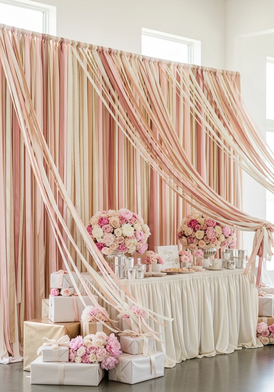 Simple Ribbon Backdrop - The Ultimate Floral Birthday Party Planning Guide