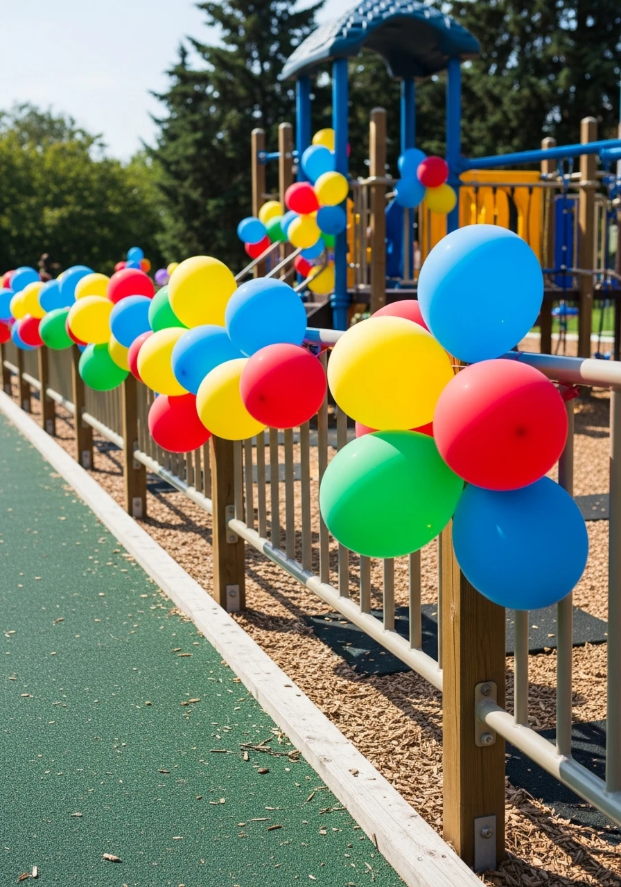 Colorful Balloon Clusters on Playground Rails