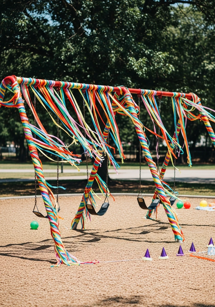 Rainbow Streamers Wrapped Around Swings
