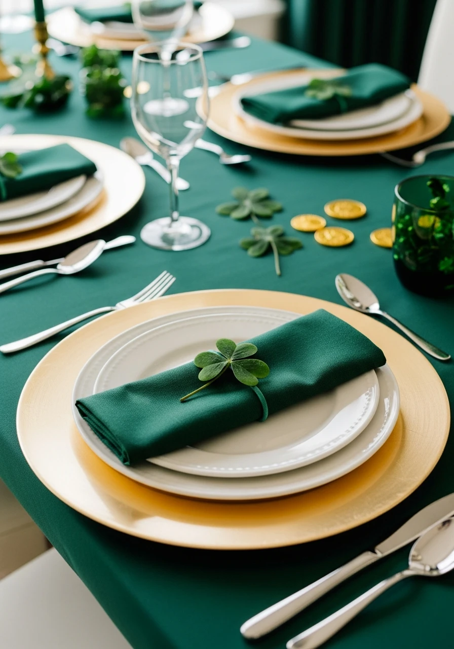 Gold Charger Plate Layering - 50 St. Patrick’s Day Party Decor Ideas for the Best Bash