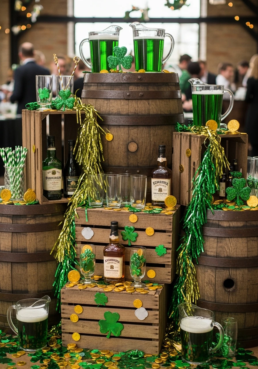 Barrel Style Drink Display - 50 St. Patrick’s Day Party Decor Ideas for the Best Bash