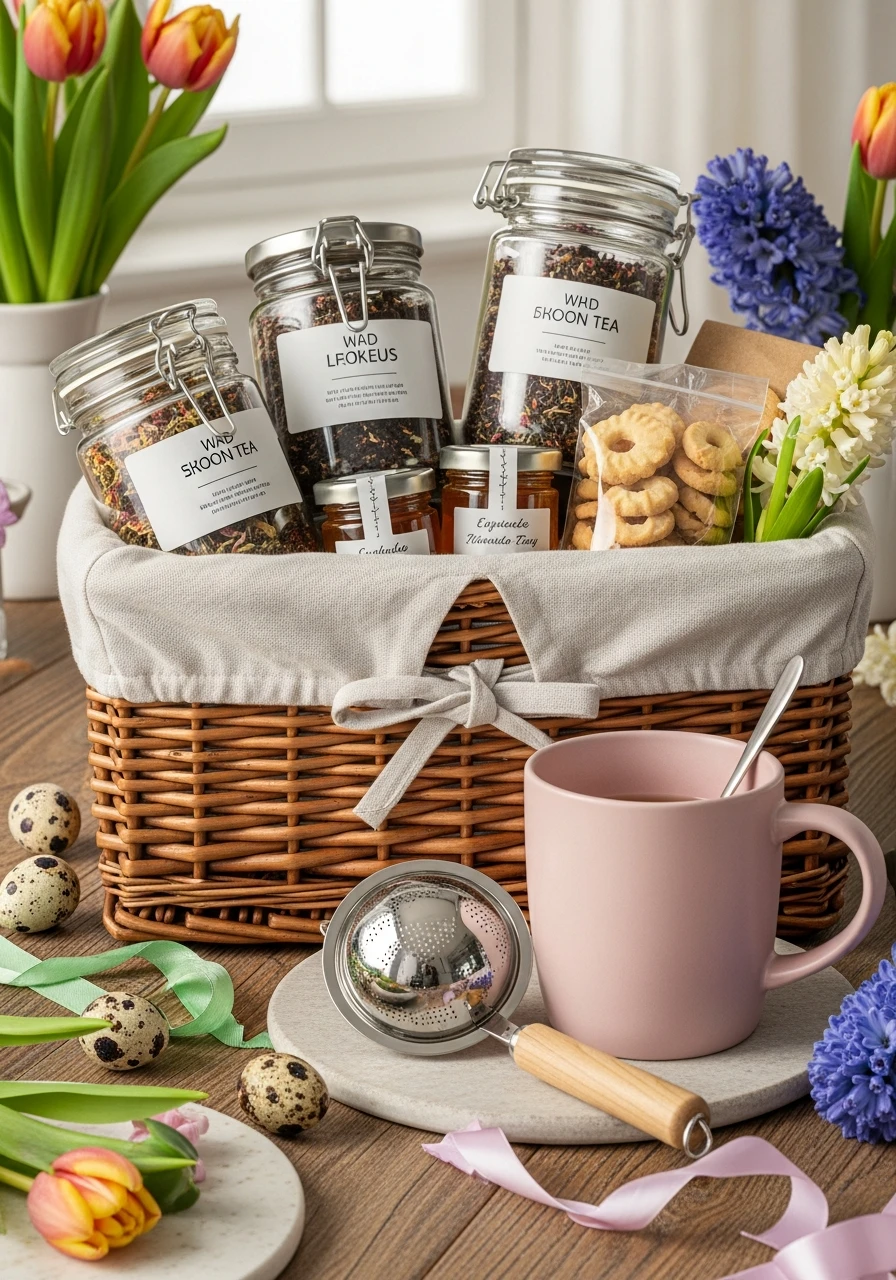 Cozy Tea Time Setup. - 35 Adult Easter Basket Ideas That Are Way Better Than Peeps