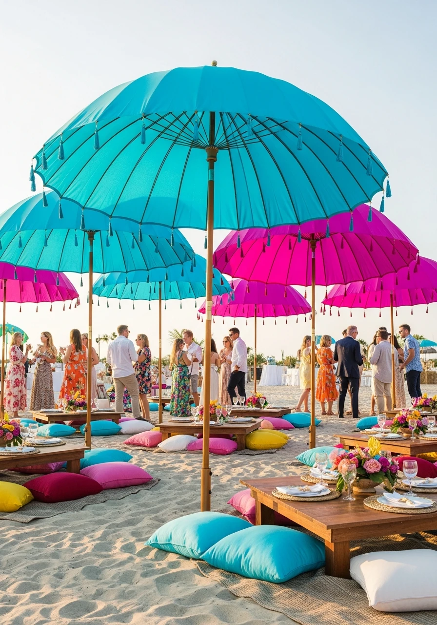 Bright Umbrella Decor - 50 Best Beach Party Ideas for an Epic Celebration
