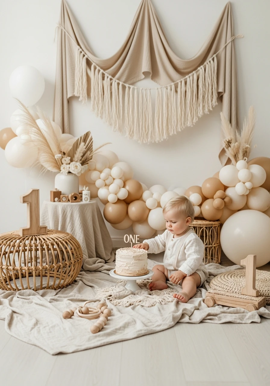 Neutral Beige First Birthday - 50 Best Boy First Birthday Party Ideas