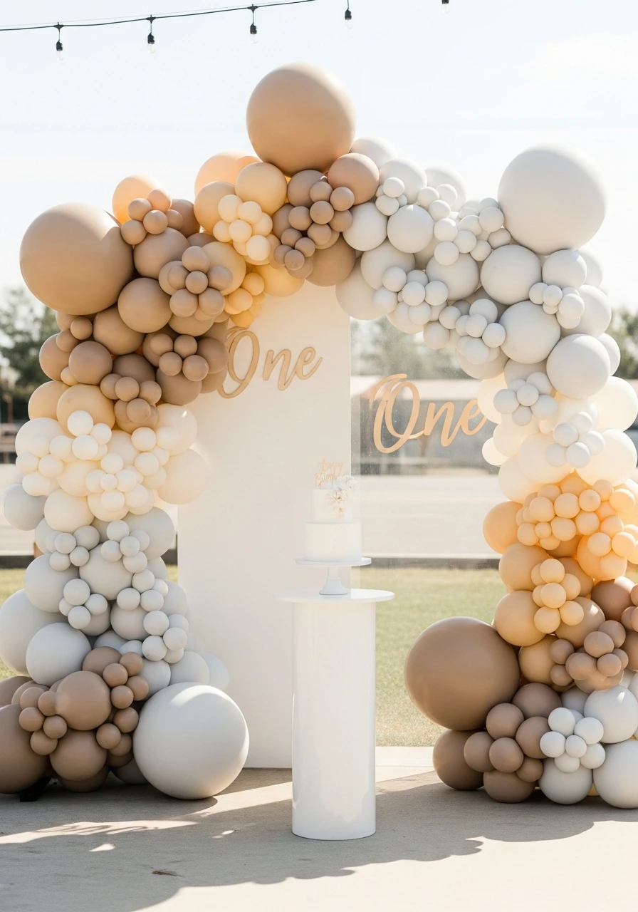 Neutral Balloon Arch - 50 Best Boy First Birthday Party Ideas