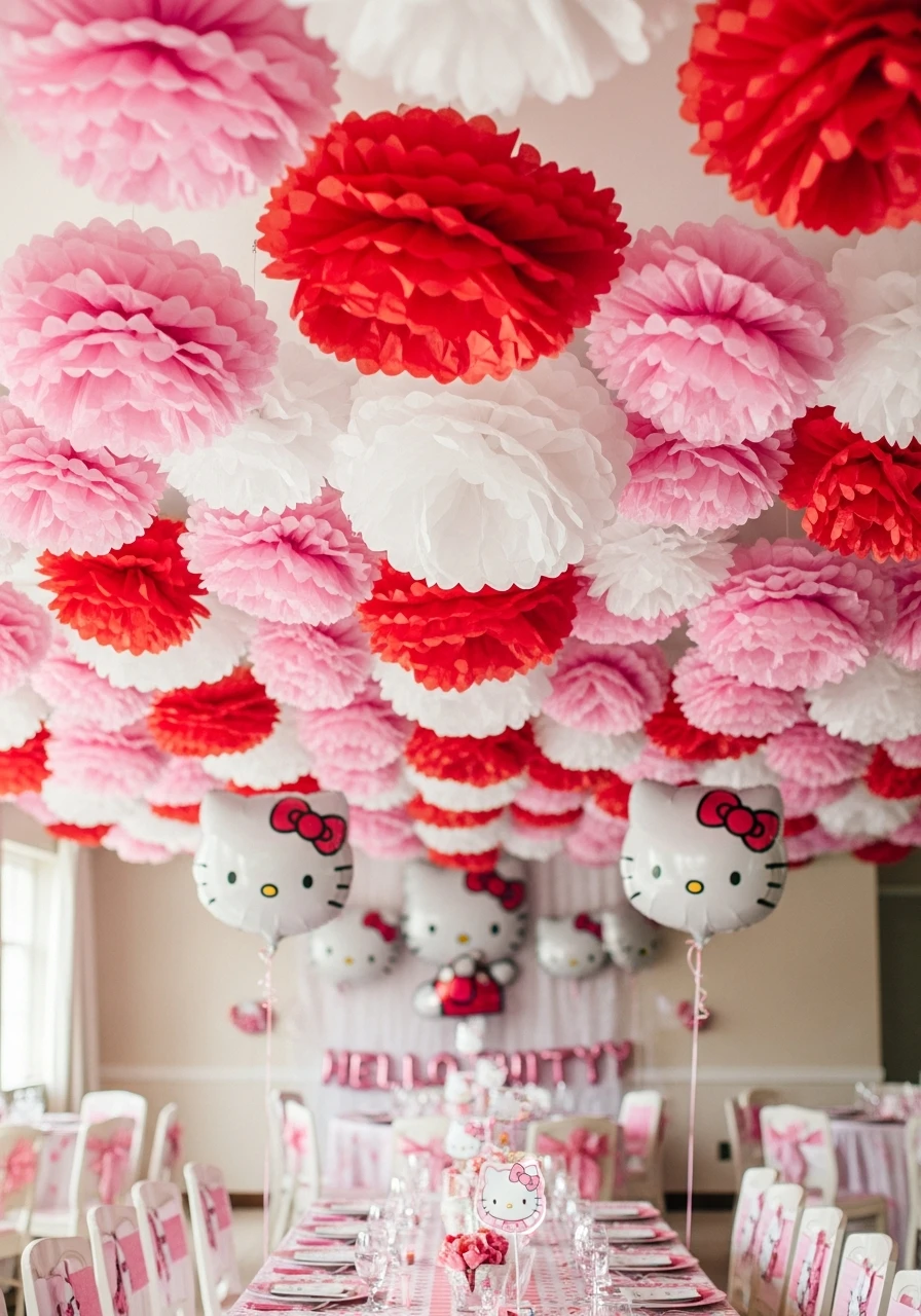 Hanging Tissue Poms - 34 Hello Kitty Birthday Party Ideas for the Cutest Celebration