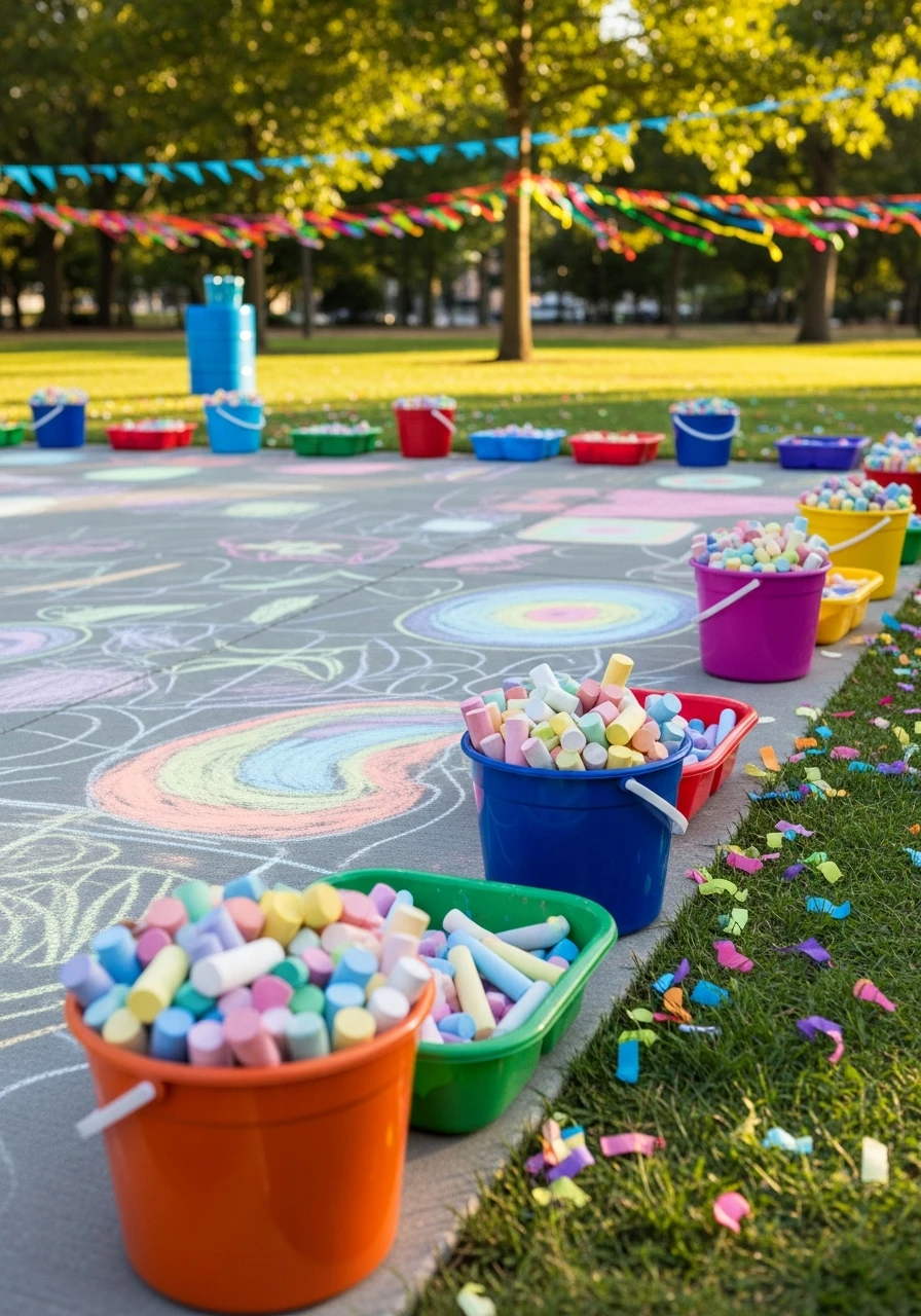 Turn the Pavement into a Masterpiece (Chalk Art Gallery) - 35 Genius Park Birthday Party Ideas Your Guests Will Love