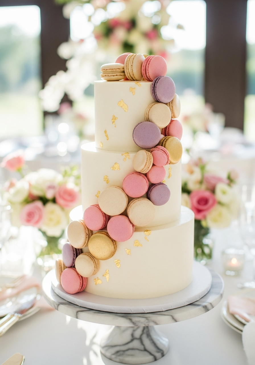 28. Macaron Topped Bridal Cake