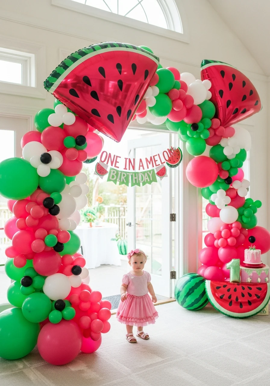 Watermelon Balloon Arch - One in a Melon First Birthday Ideas