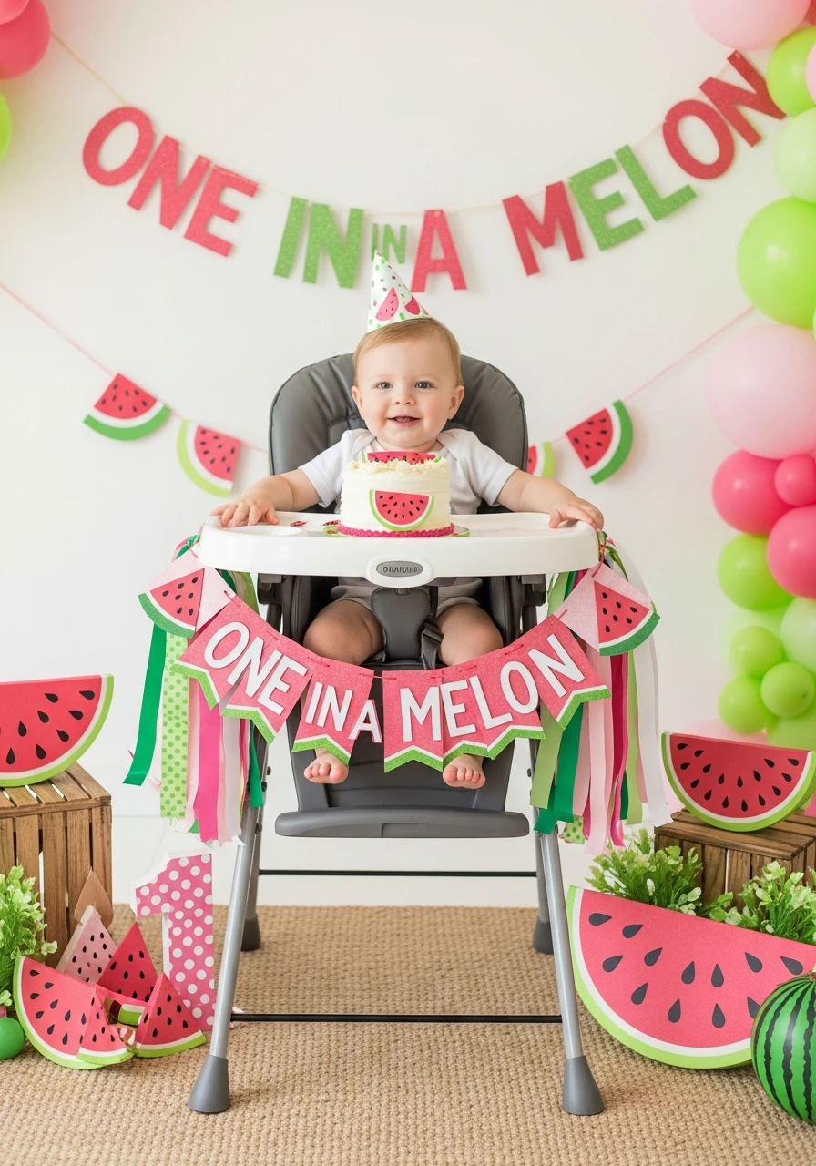 High Chair Banner - One in a Melon First Birthday Ideas