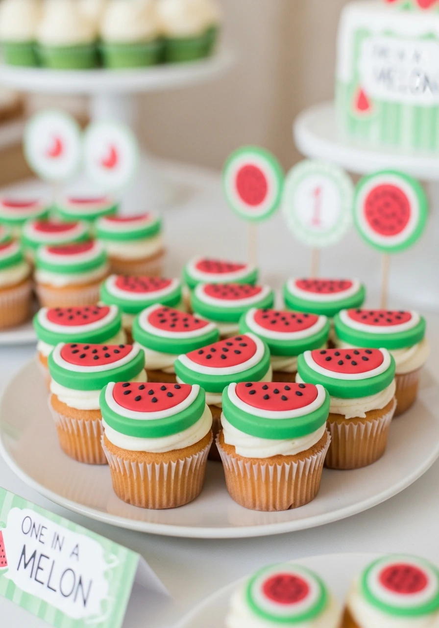 Themed Cupcakes - One in a Melon First Birthday Ideas