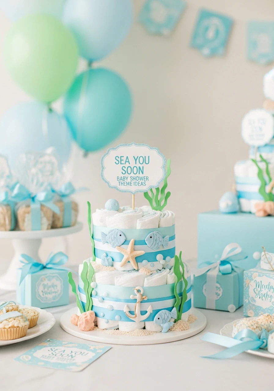 Sea-Themed Diaper Cake - Sea You Soon Baby Shower Theme Ideas