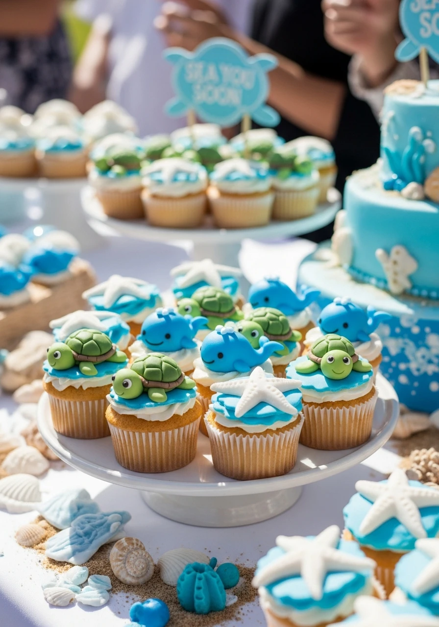 Sweet Sea Creature Cupcakes - Sea You Soon Baby Shower Theme Ideas
