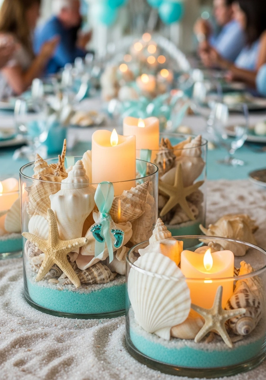 Elegant Shell Centerpieces - Sea You Soon Baby Shower Theme Ideas