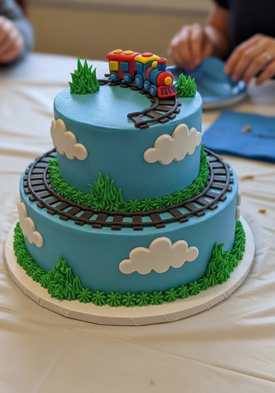 18. Playful Train Track Cake