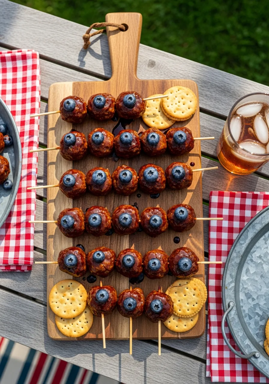 36. Blueberry Balsamic Meatball Skewers