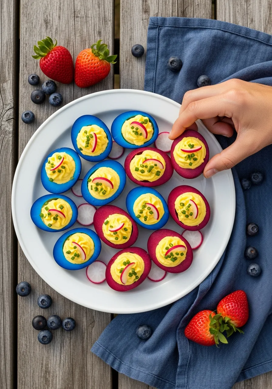 30. Red and Blue Deviled Eggs