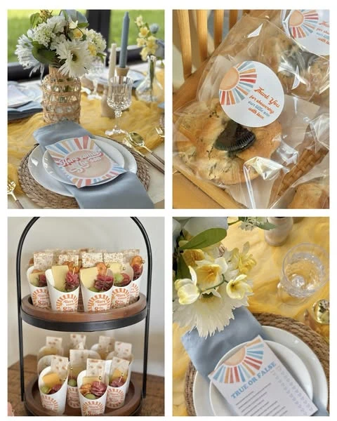 Collage of 'Here Comes the Sun' baby shower details including party favors, fruit cups, and a game card.