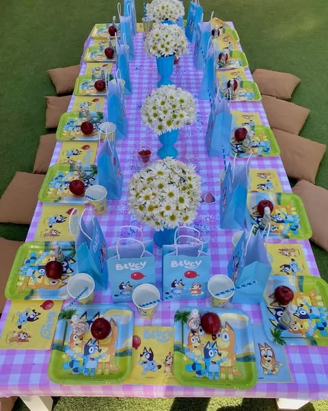 Overhead view of a long Bluey picnic table with place settings and daisy centerpieces.
