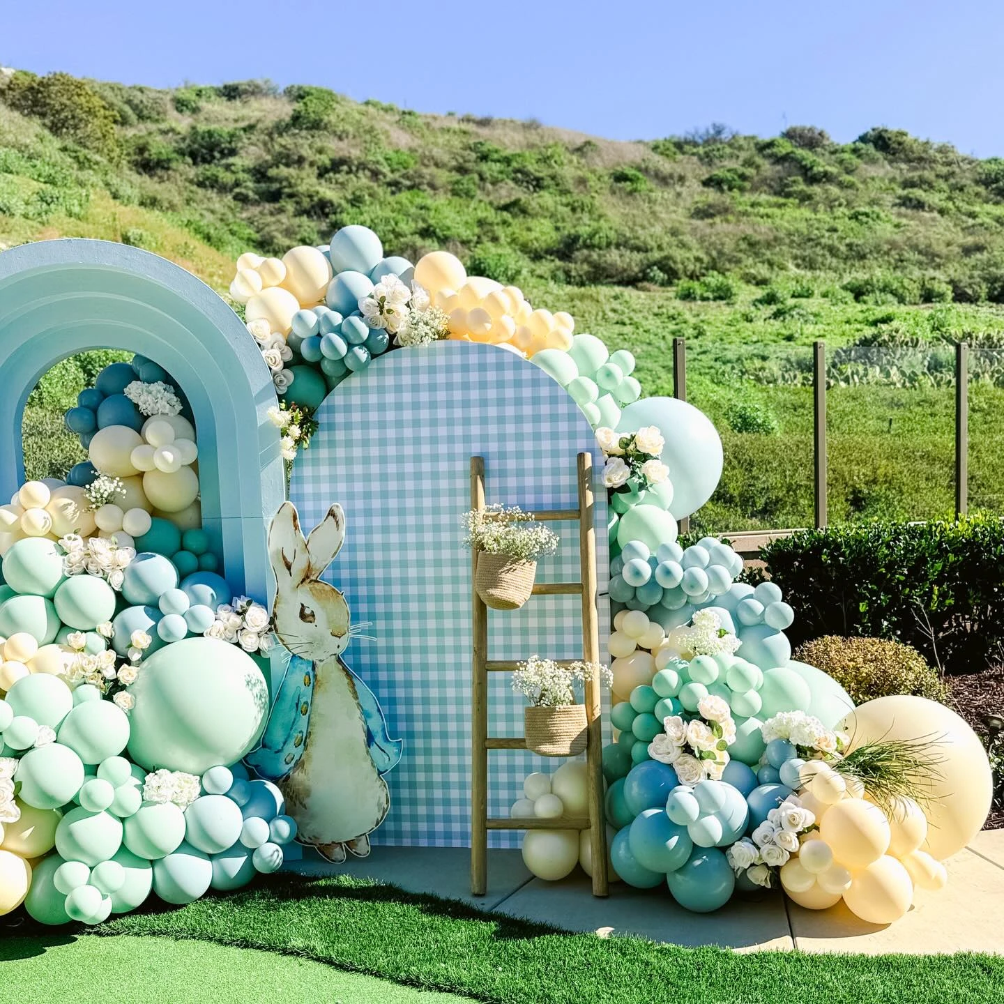 Gingham backdrop and decorative ladder at a Peter Rabbit party.