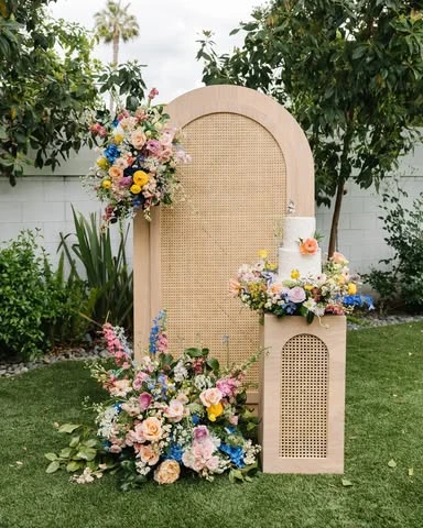 A boho baby shower cake display featuring a cane webbing backdrop and pedestal adorned with colorful wildflower arrangements.