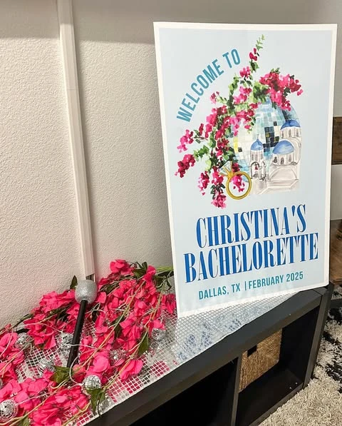 A Mamma Mia themed welcome sign for a bachelorette party, featuring a disco ball and pink bougainvillea graphics.
