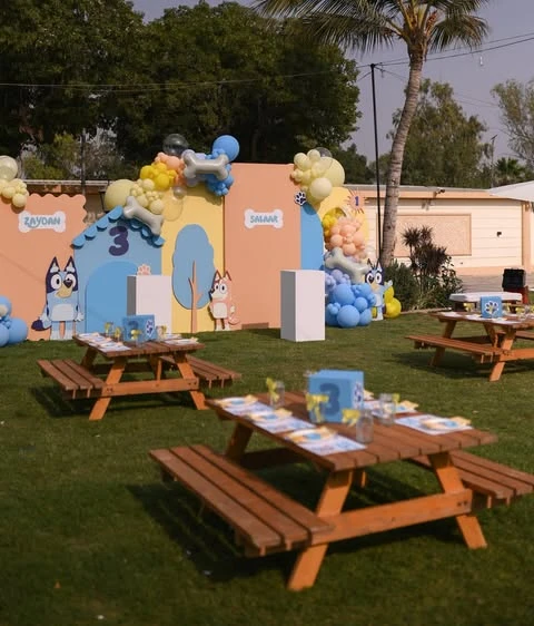 Outdoor Bluey birthday party with kid-sized picnic tables.